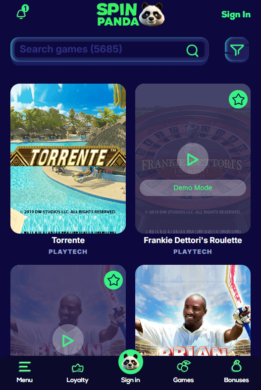 mobile version spin panda casino
